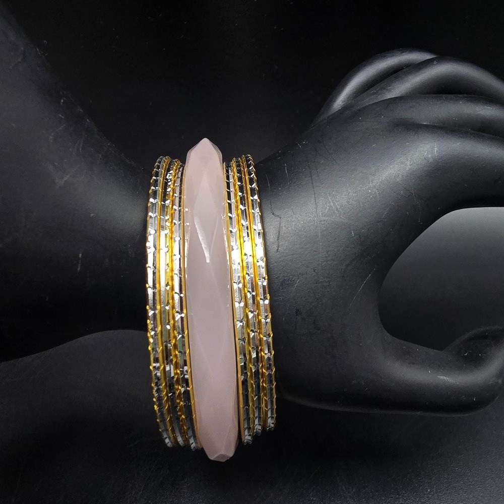 Avon Two Tone Pink Faceted Bangle Bracelet Set Plastic Metal In Box NWT